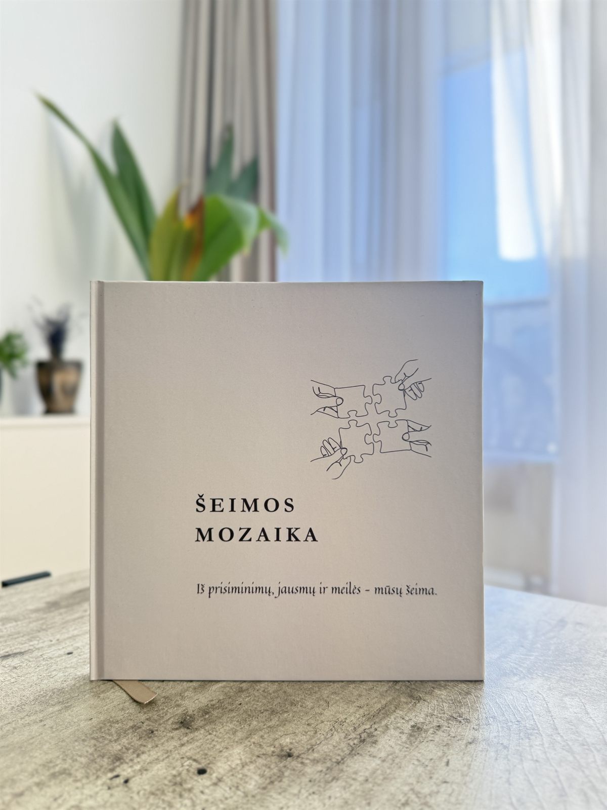 „Šeimos Mozaika“ knyga, stovinti ant šviesaus medinio stalo prieš pro tiulį krintančią dienos šviesą